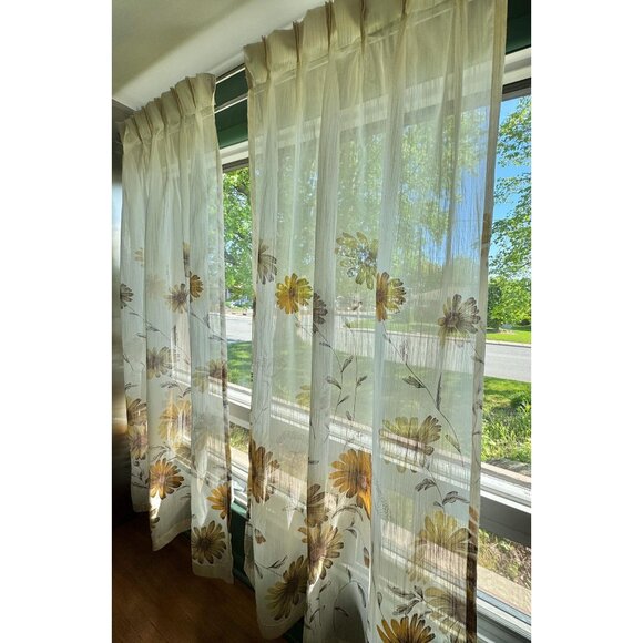 Vintage 1970s cream curtain, large brown, orange flowers, pleated, price for 1 - Picture 3 of 10
